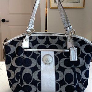 Coach Signature Stripe Denim Silver 2 Way Handbag Shoulder Bag Crossbody F17948